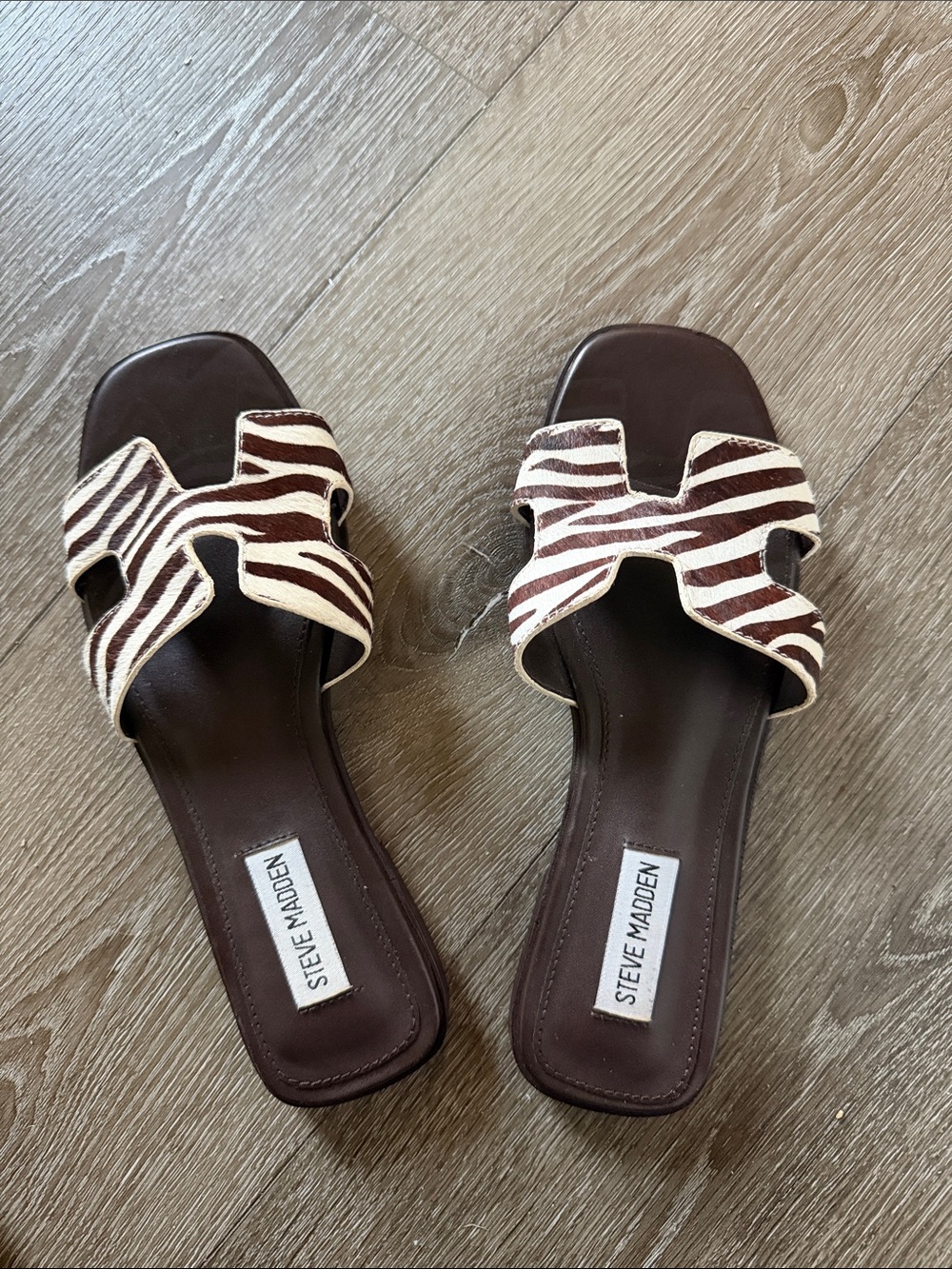 Steve Madden Brown and Cream Zebra-Print Slide Mules